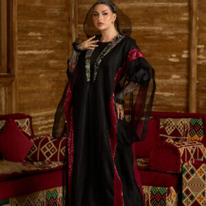 Crimson Grace – Linen Dress Set with Embroidered Beshat