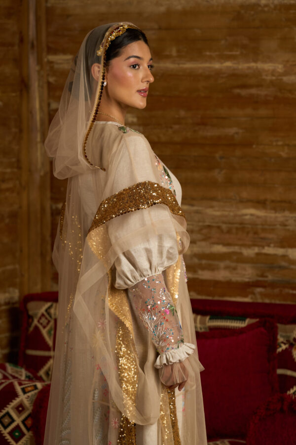 Floral Radiance – Embroidered Linen Dress with Sequined Beshat - Image 2