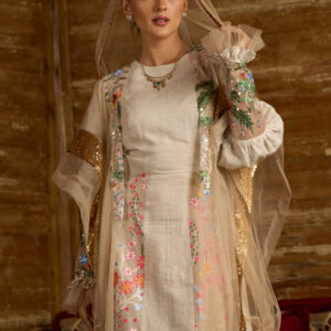 Floral Radiance – Embroidered Linen Dress with Sequined Beshat