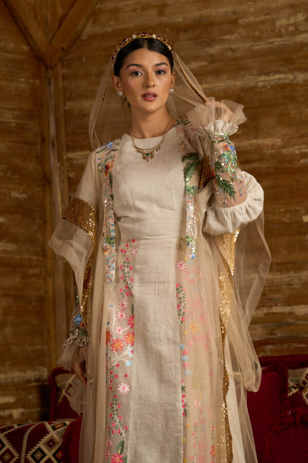 Floral Radiance – Embroidered Linen Dress with Sequined Beshat