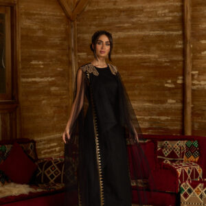 Zari Noir – Black Linen Dress with Vintage Embroidery & Net Panels