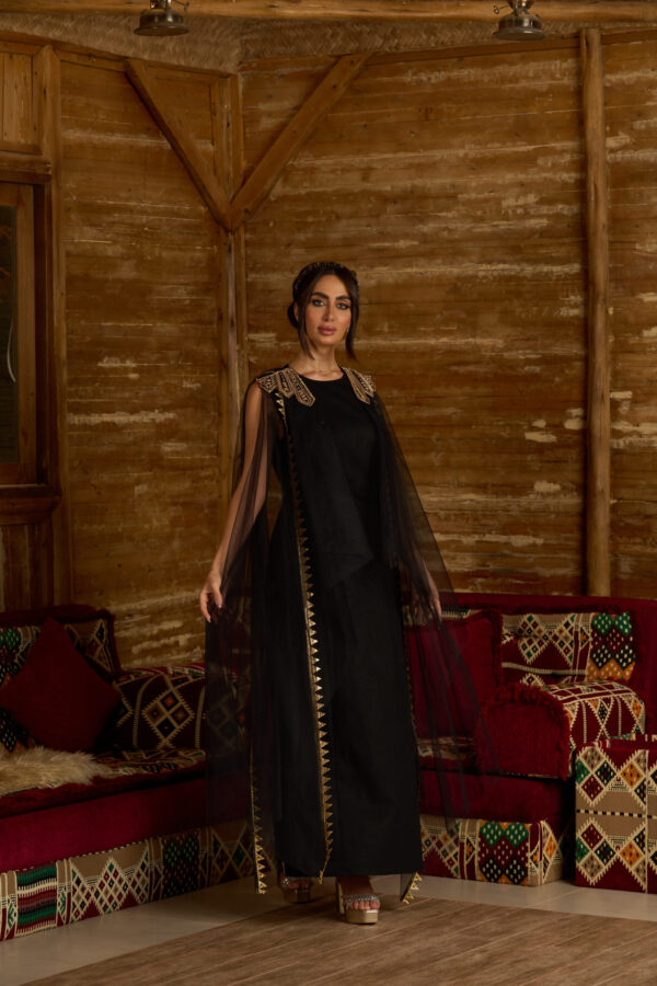 Zari Noir – Black Linen Dress with Vintage Embroidery & Net Panels
