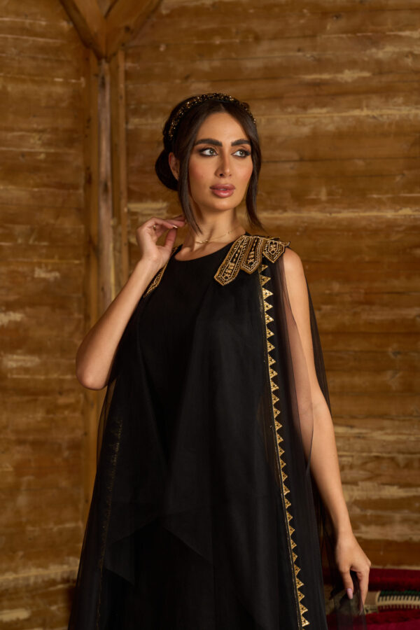 Zari Noir – Black Linen Dress with Vintage Embroidery & Net Panels - Image 2
