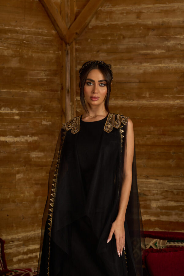 Zari Noir – Black Linen Dress with Vintage Embroidery & Net Panels - Image 4