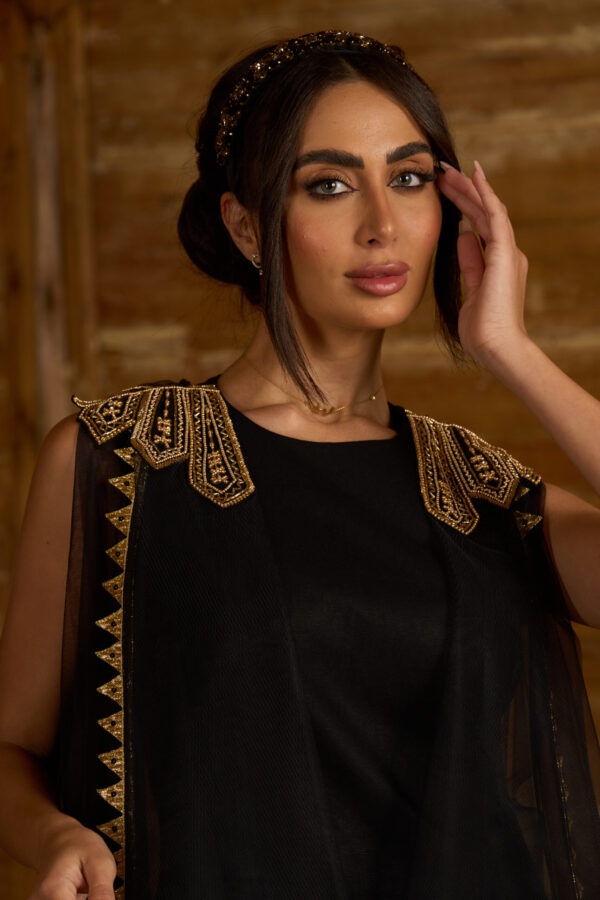 Zari Noir – Black Linen Dress with Vintage Embroidery & Net Panels - Image 3