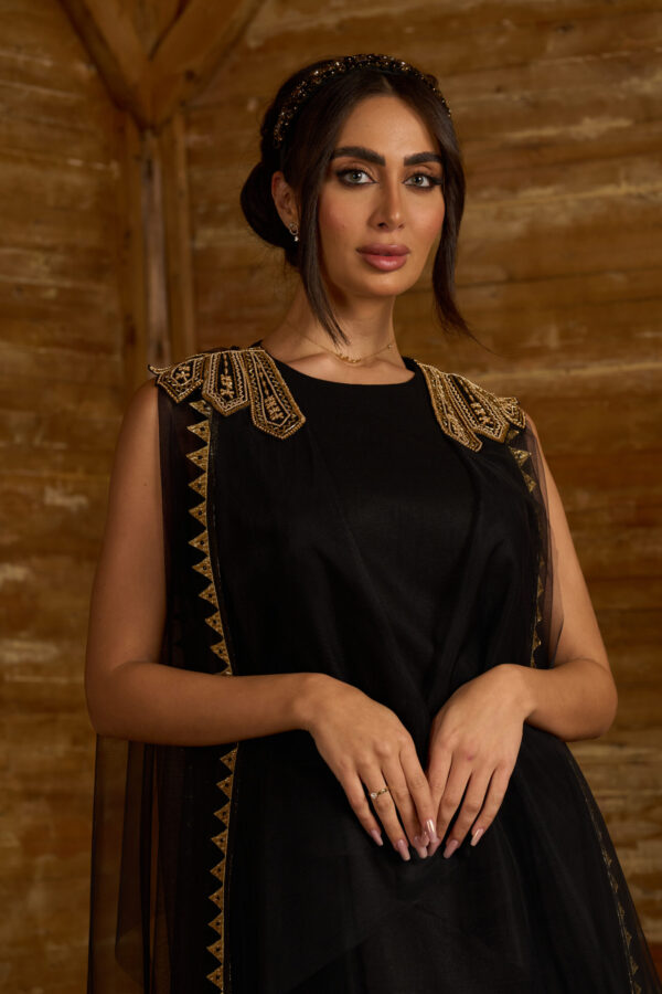 Zari Noir – Black Linen Dress with Vintage Embroidery & Net Panels - Image 6