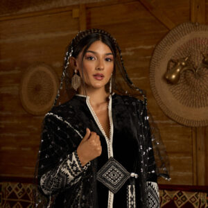 Moroccan Majesty – Velvet Ensemble with Silver Zari & Geometric Accents