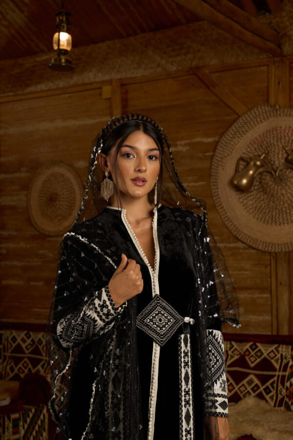 Moroccan Majesty – Velvet Ensemble with Silver Zari & Geometric Accents