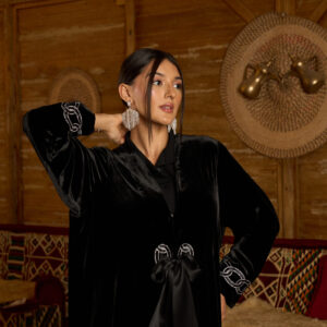 Velvet Twilight – Black Abaya with Diamante Accents & Front Bow