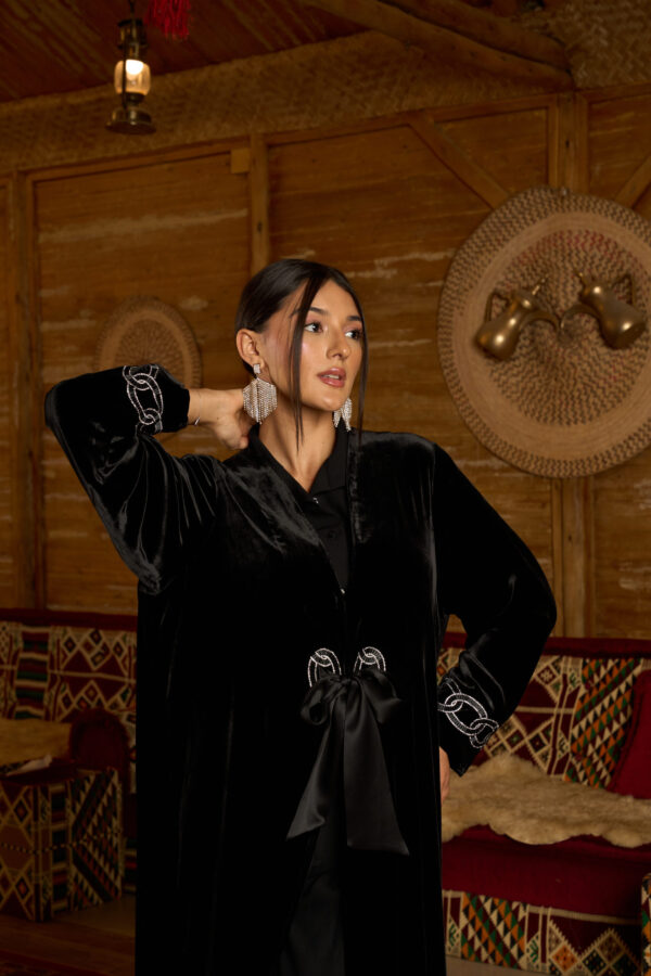 Velvet Twilight – Black Abaya with Diamante Accents & Front Bow