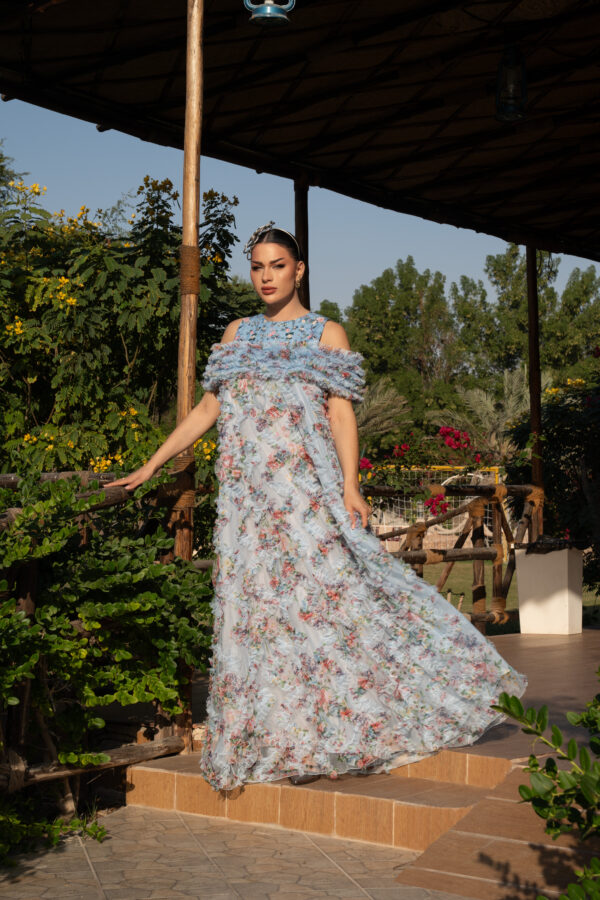 Floral Elegance Chiffon Dress with Layered Frill Yoke
