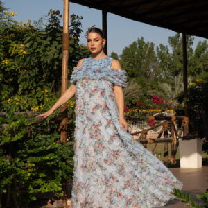 Floral Elegance Chiffon Dress with Layered Frill Yoke