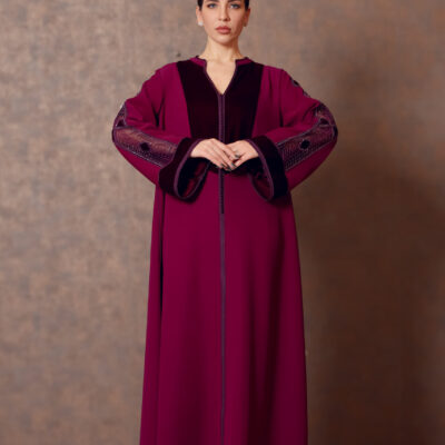 Moroccan Essence – Crepe Galabiya with Velvet Yoke & Hand Embroidered Sleeves