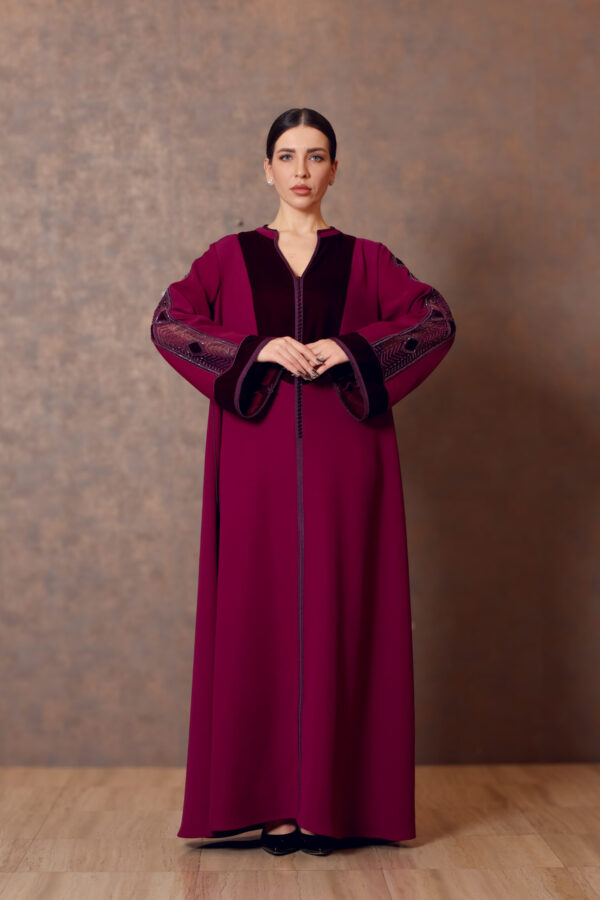Moroccan Essence – Crepe Galabiya with Velvet Yoke & Hand Embroidered Sleeves