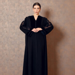 Moroccan Whisper – Crepe Galabiya with Velvet Yoke & Hand Embroidered Sleeves