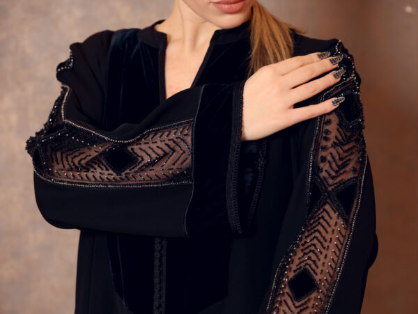 Moroccan Whisper – Crepe Galabiya with Velvet Yoke & Hand Embroidered Sleeves - Image 4