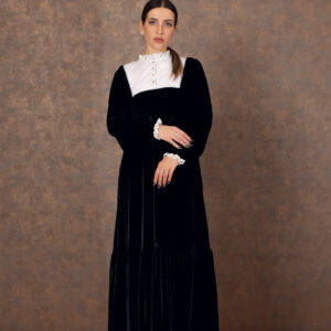 Velvet Bloom – Flowy Galabiya with Cotton Embroidered Yoke & Frilled Details