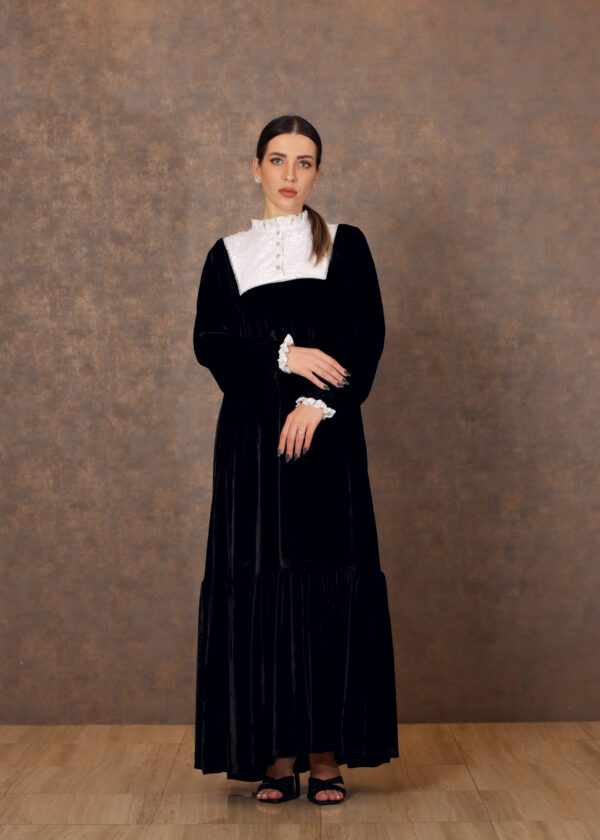 Velvet Bloom – Flowy Galabiya with Cotton Embroidered Yoke & Frilled Details