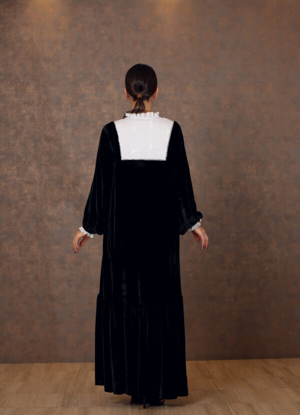Velvet Bloom – Flowy Galabiya with Cotton Embroidered Yoke & Frilled Details - Image 2