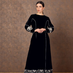 Monochrome Muse – Velvet Dress with Panels & Triangle Embroidery