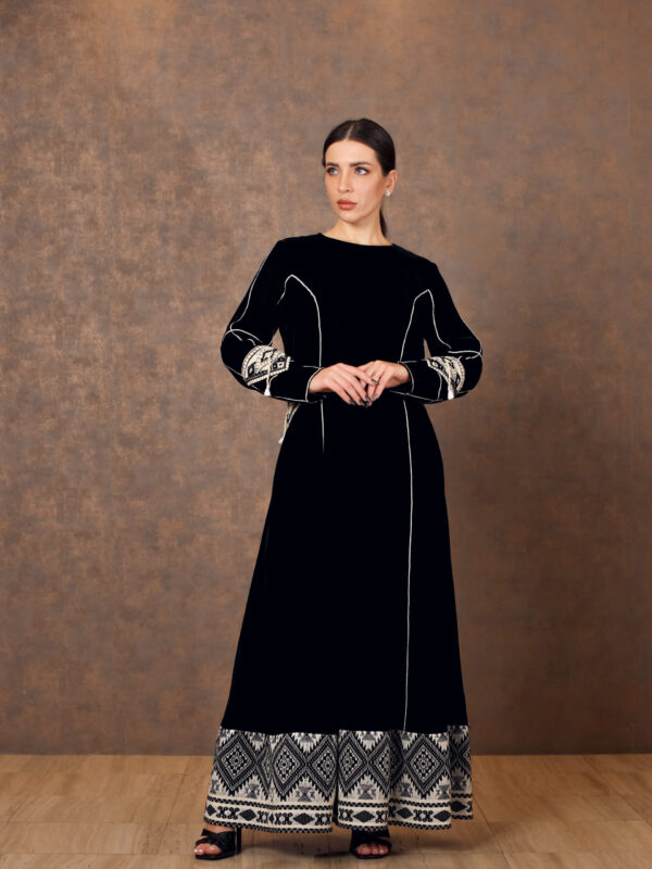 Monochrome Muse – Velvet Dress with Panels & Triangle Embroidery