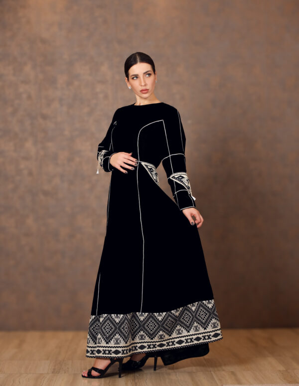 Monochrome Muse – Velvet Dress with Panels & Triangle Embroidery - Image 2