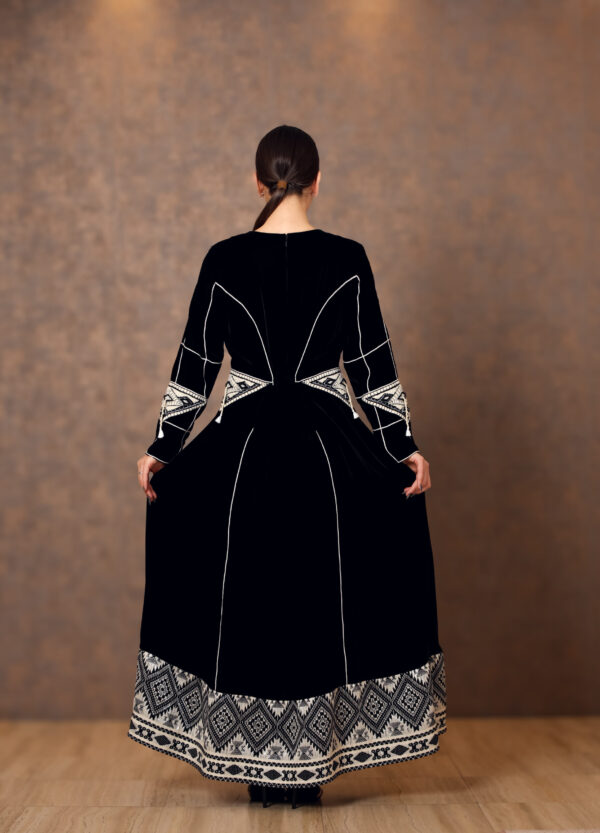 Monochrome Muse – Velvet Dress with Panels & Triangle Embroidery - Image 3