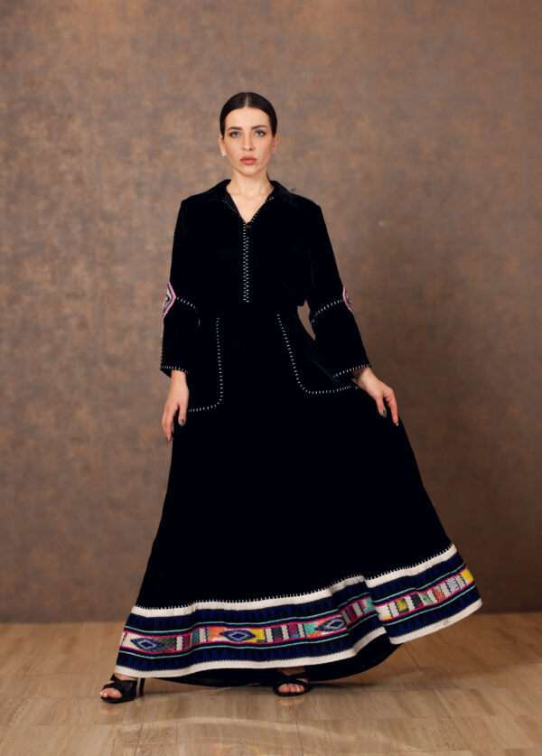 Velvet Heritage – Waist-Cut Dress with Tatreez & Square Embroidery Patches
