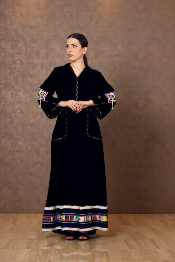 Velvet Heritage – Waist-Cut Dress with Tatreez & Square Embroidery Patches - Image 3