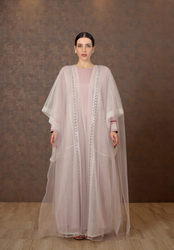 Tatreez Enchanted – Silk Galabiya with Zari Beshat & Beaded Tule Panels - Image 5