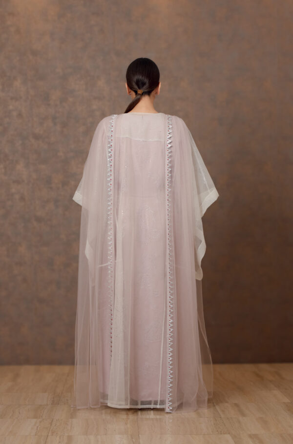 Tatreez Enchanted – Silk Galabiya with Zari Beshat & Beaded Tule Panels - Image 2