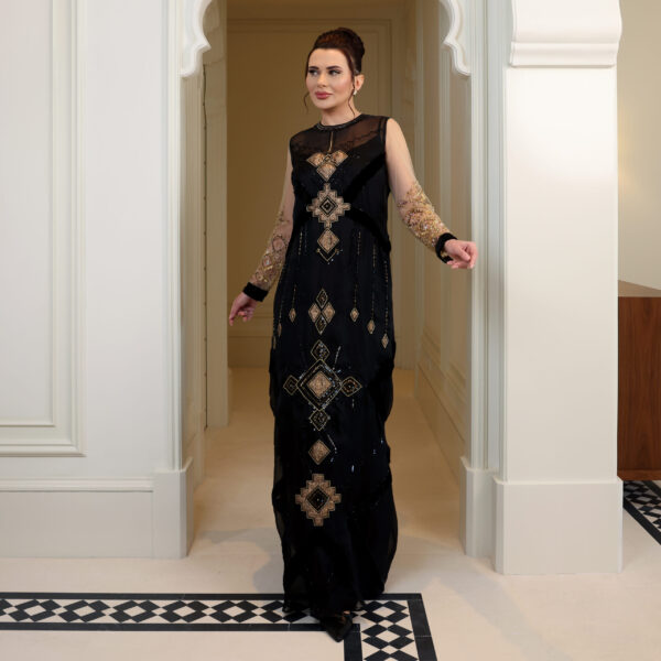 Tatreez Noir – Black A-Line Dress with Velvet & Zari Geometric Embroidery - Image 3