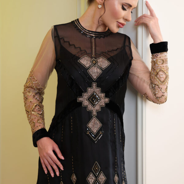 Tatreez Noir – Black A-Line Dress with Velvet & Zari Geometric Embroidery - Image 2