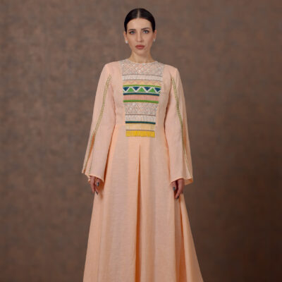 Threaded Grace – Linen Dress with Hand Embroidery & Box Pleats