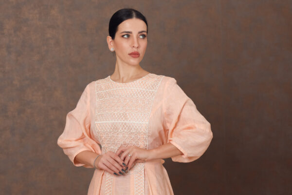 Dantelle Bloom – Linen Dress with Lace Patches & Box Pleats - Image 3