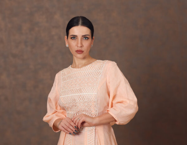 Dantelle Bloom – Linen Dress with Lace Patches & Box Pleats - Image 2