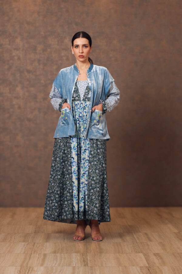 Floral Print Galabiya with Embroidered Velvet Jacket - Image 3