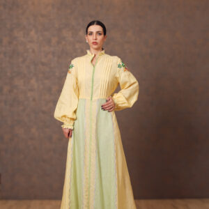 Two-Tone Linen Dress with Moroccan & Floral Embroidery