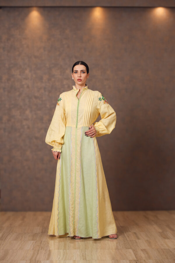 Two-Tone Linen Dress with Moroccan & Floral Embroidery
