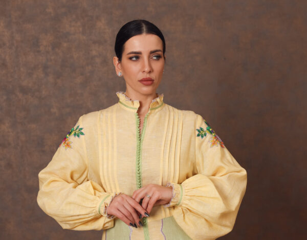 Two-Tone Linen Dress with Moroccan & Floral Embroidery - Image 3