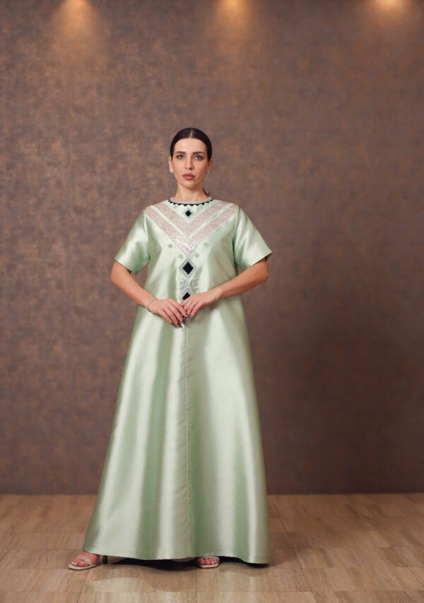Geometric Gleam – Taffeta Dress with Zari & Velvet Embroidery