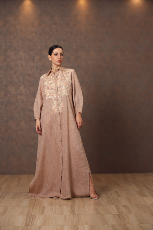 Dantelle Elegance – Linen Galabiya with Chest Patchwork & Front Buttons - Image 7