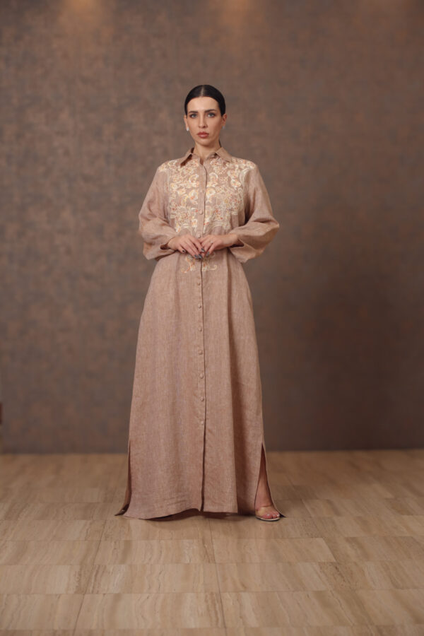 Dantelle Elegance – Linen Galabiya with Chest Patchwork & Front Buttons