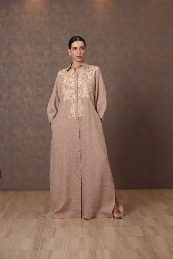Dantelle Elegance – Linen Galabiya with Chest Patchwork & Front Buttons - Image 6