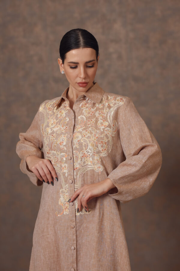 Dantelle Elegance – Linen Galabiya with Chest Patchwork & Front Buttons - Image 3