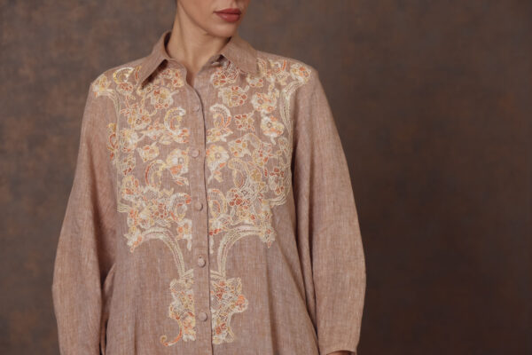 Dantelle Elegance – Linen Galabiya with Chest Patchwork & Front Buttons - Image 2