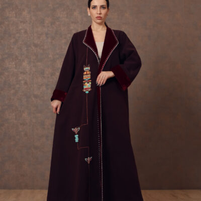 Nefertiti’s Grace – Velvet Abaya with Egyptian-Inspired Hand Embroidery