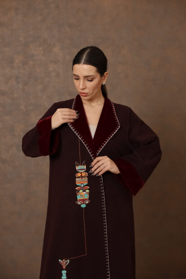 Nefertiti's Grace – Velvet Abaya with Egyptian-Inspired Hand Embroidery - Image 3