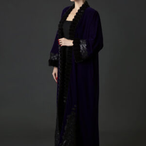 Velvet Abaya with Floral Leather Patchwork & Fur Trim