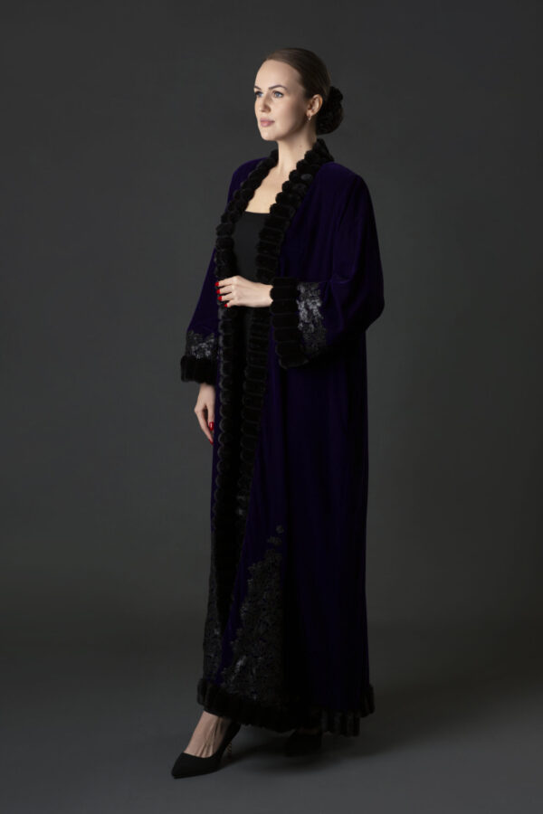 Velvet Abaya with Floral Leather Patchwork & Fur Trim